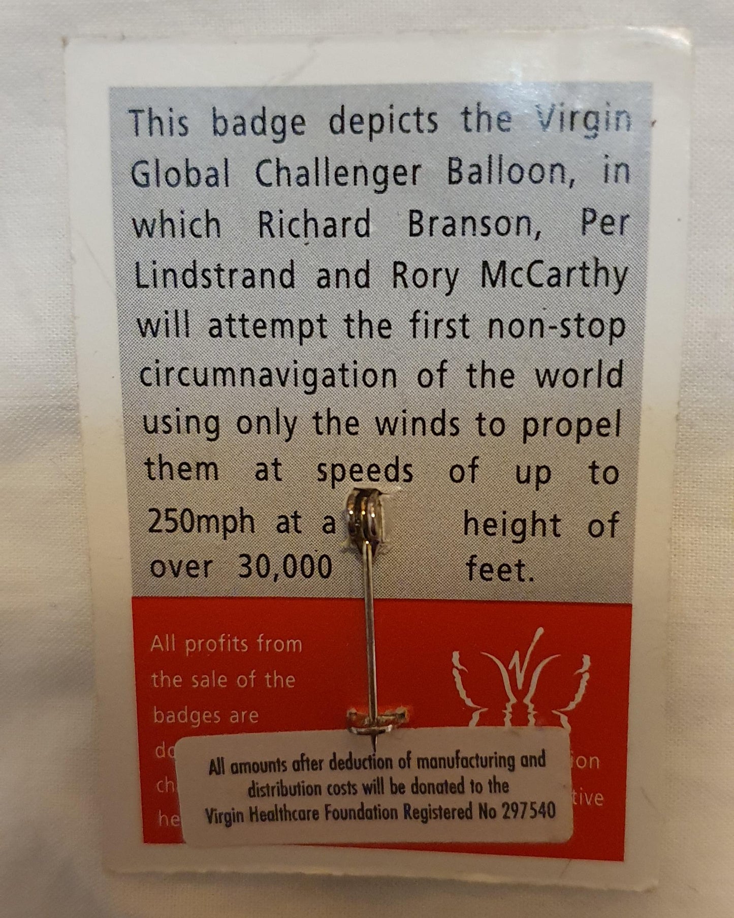 Virgin Global Challenger Pin Badge - on card